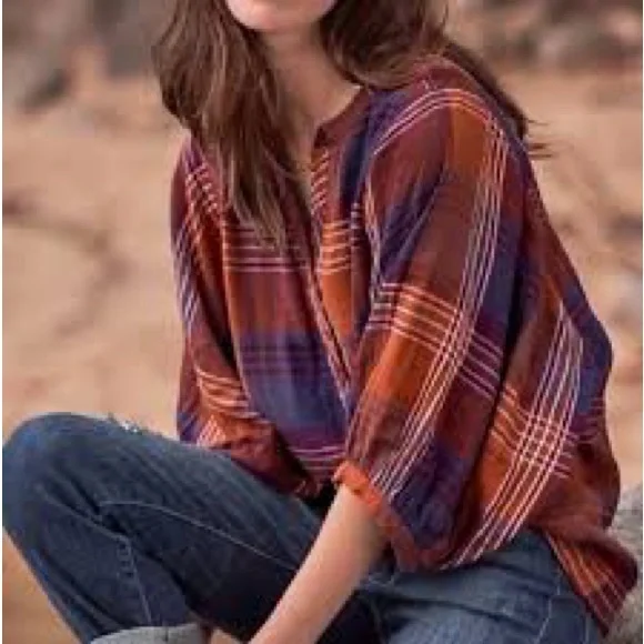 Garnet Hill Warm fall Plaid 100% organic Cotton Top blouse 3/4 sleeve size 8 - Picture 2 of 8